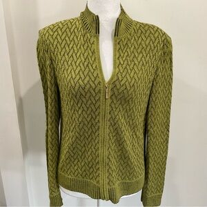 St. John Olive Textured Chevron Knit Zip Sweater